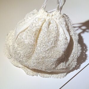 Cream Bridal Satin Bead and Sequin Embroidered Tulle and Lace Satchel Pouch